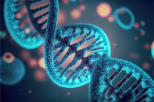 3d rendered genetic illustration of human dna under microscope created with generative ai technology