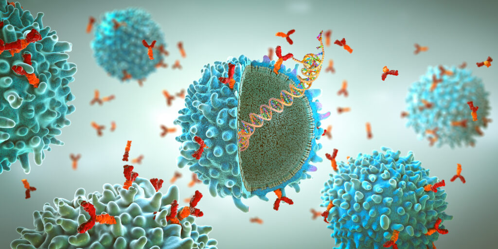 Genetically engineered chimeric antigen receptor immune cell with implanted mrna gene strand - 3d illustration