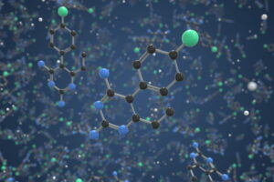 Pyrimethamine molecule. Ball-and-stick molecular model. Chemistry related 3d rendering